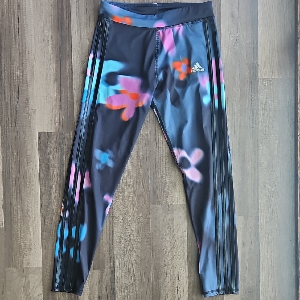 Adidas Black and Pink Leggings with Artistic Print